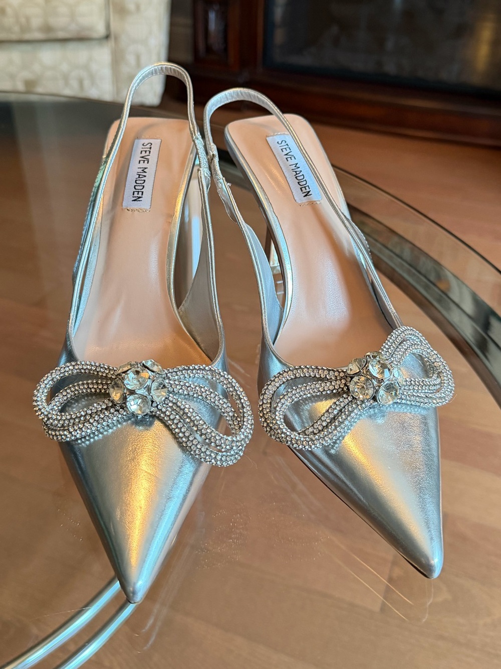 Steve Madden Silver Pointed Slingback Mules with Crystal Bow